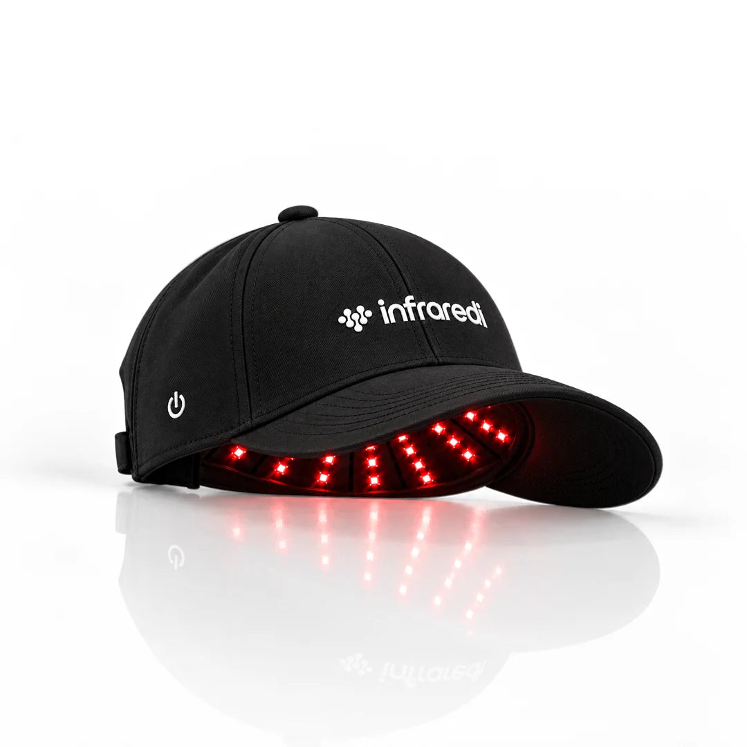 Infraredi LED + Laser Hat with red LEDs lit under the brim